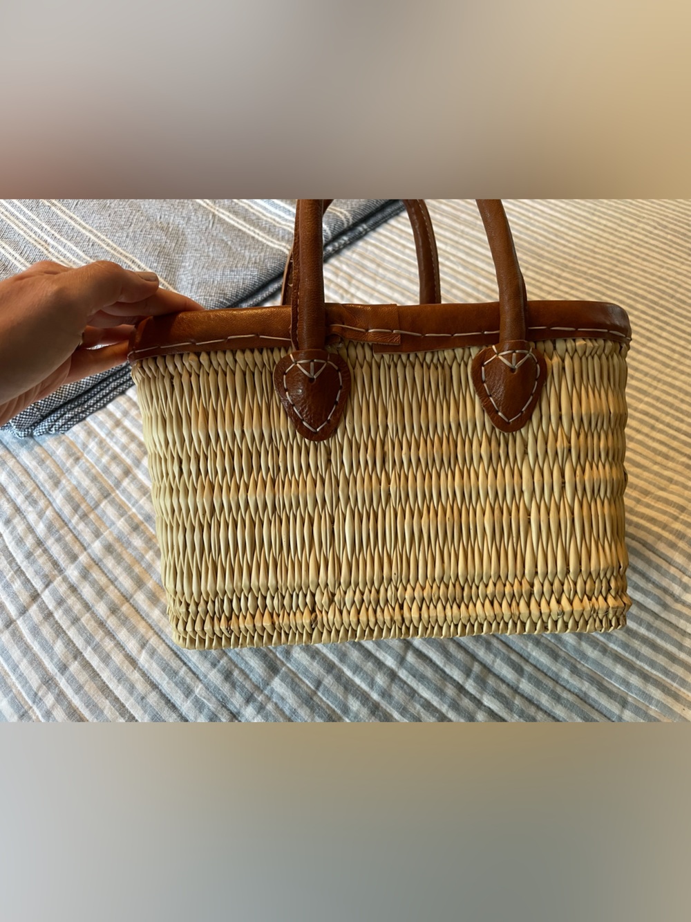 Woven Straw Tote Bag with Brown Leather Trim - Picture 4 of 4